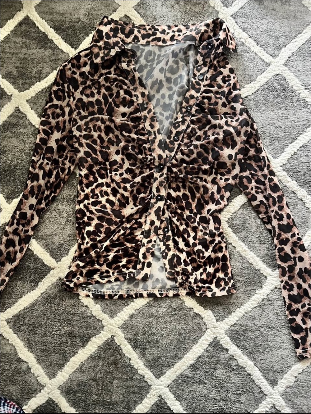 Y2K Leopard Print Long-Sleeve Button Front Top - Brown/Black